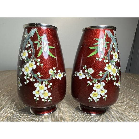 Pair VTG/Antique Japanese Cloisonné Ginbari Vases - Red, Plum Branches Blossoms - Picture 10 of 10